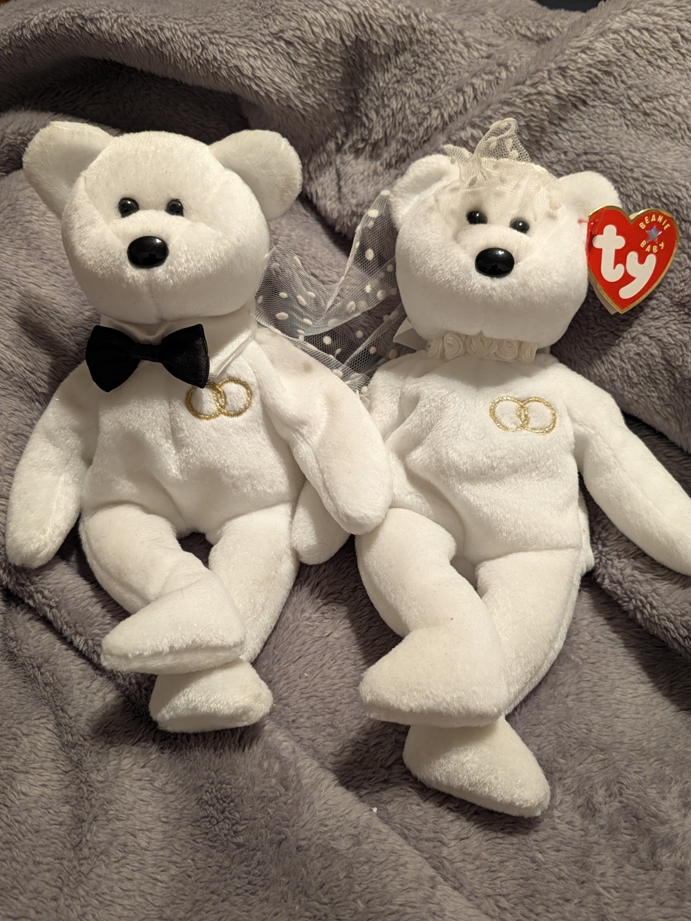 Ty White Bride and Groom Wedding Bear Plush Pair with Gold Ring Detail